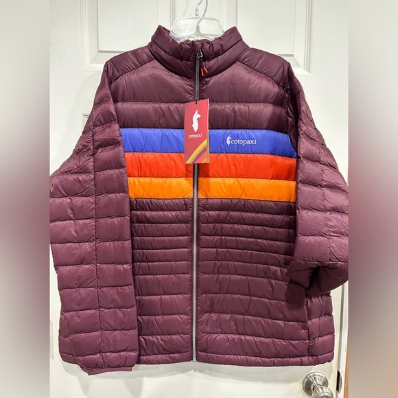 Cotopaxi Women’s 1X Fuego Down Jacket Puffer Puff Wine Stripes Maroon NWT - Picture 1 of 16